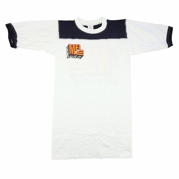 Vintage MEL Long Beach T Shirt Mens Size Small Dark Blue 80s Ringer Tee - Picture 2 of 7